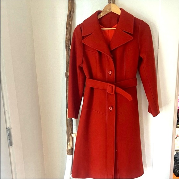 Young Miss Jackets & Blazers - Vintage 70s Young Miss Rust Orange Brick Red Wool Trench Coat with Belt Small